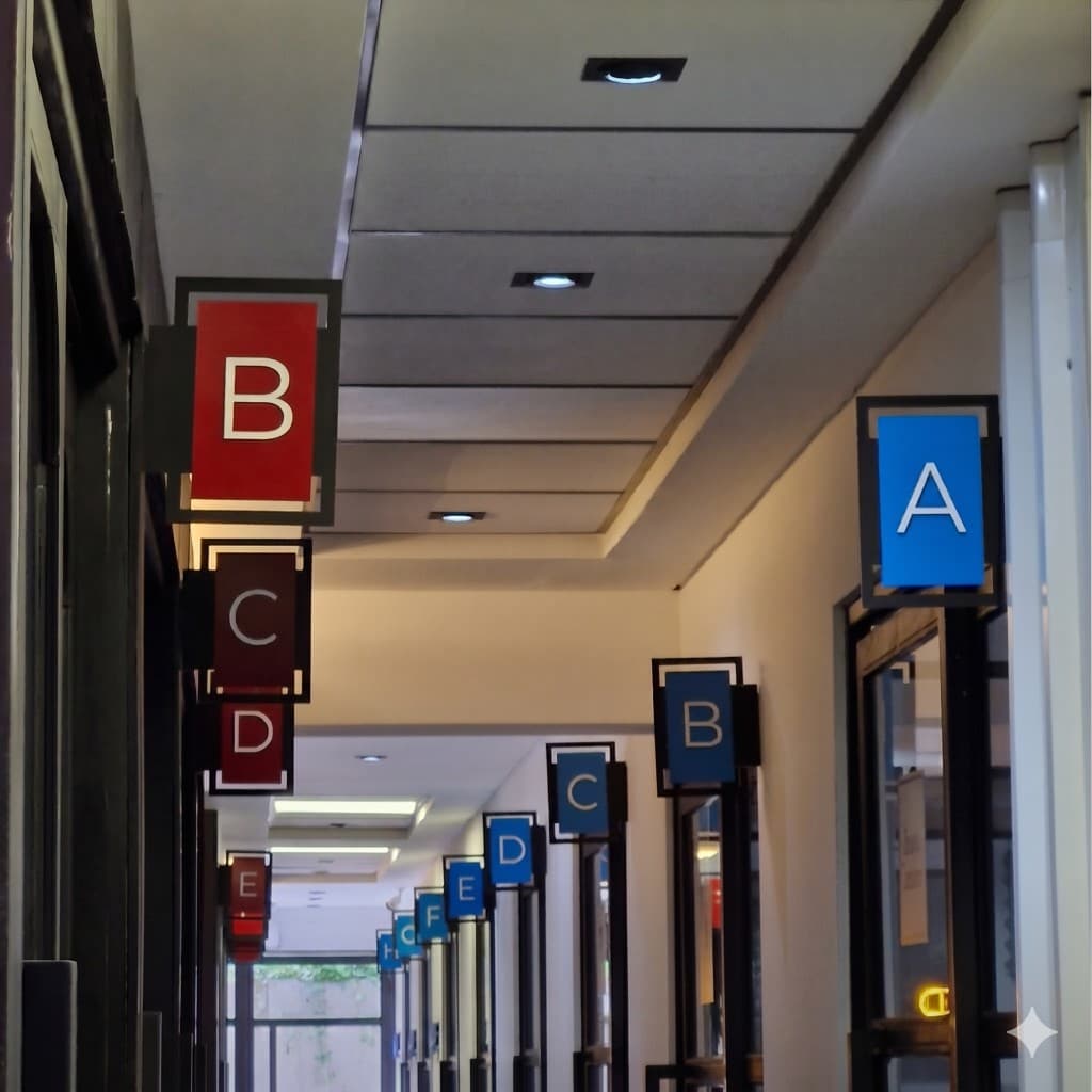Pasillo de oficinas con señalética de letras en La Cantera Office, Balcarce 735